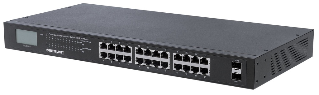 24-Port Gigabit Ethernet PoE+ Switch with 2 SFP Ports and LCD Screen