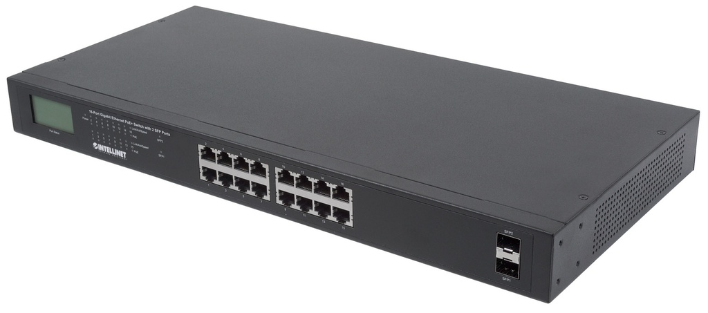 16-Port Gigabit Ethernet PoE+ Switch with 2 SFP Ports and LCD Screen